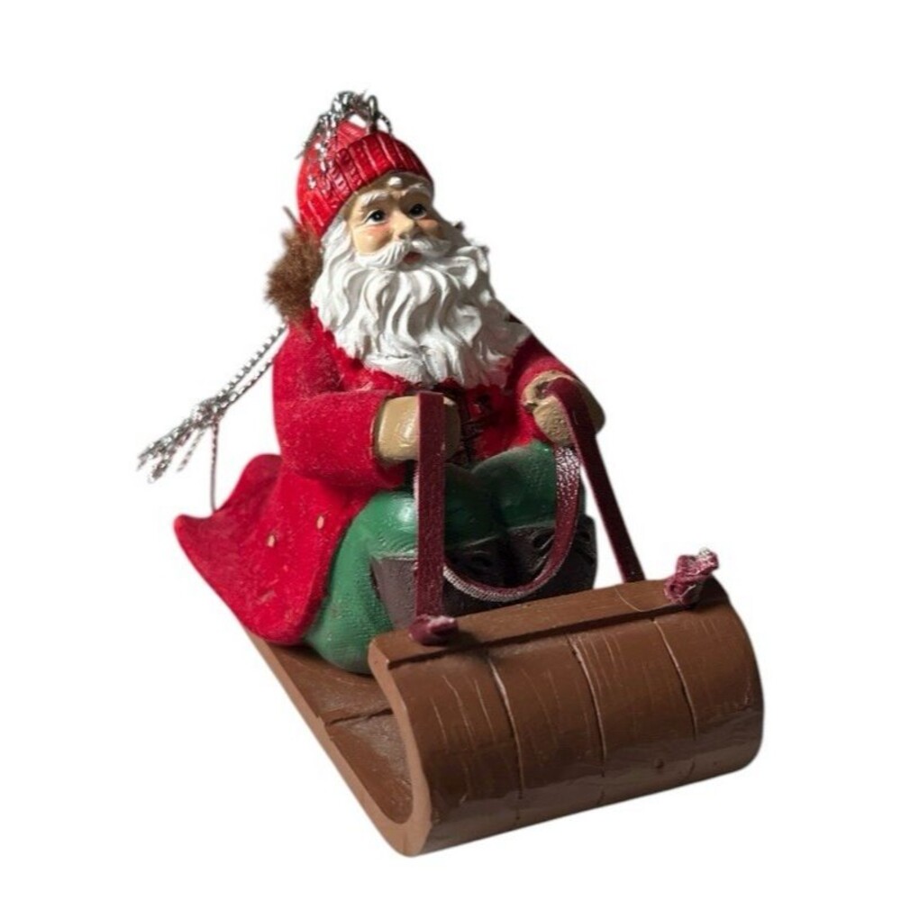 Midwest CBK Santa on Sled Christmas Ornament Ceramic Felt Faux Fur 3-1/2 x 3"